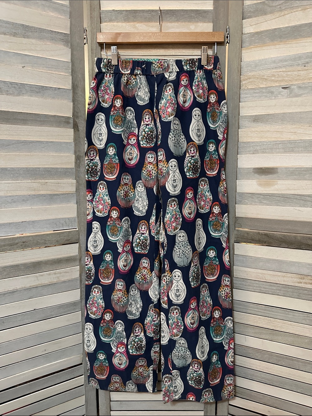 Anthropologie Eloise Navy Matryoshka Print flannel pant
